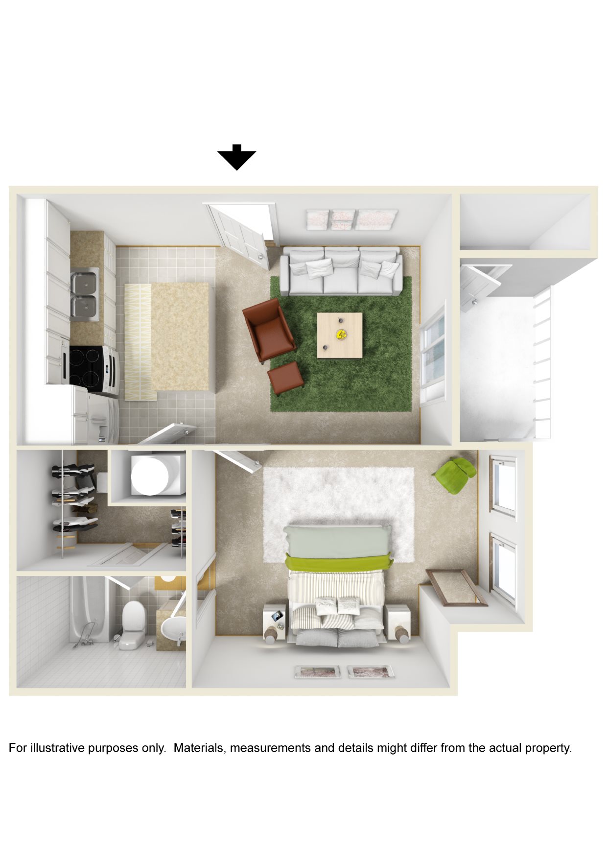 1 Bed 1 Bath Floor Plan 1